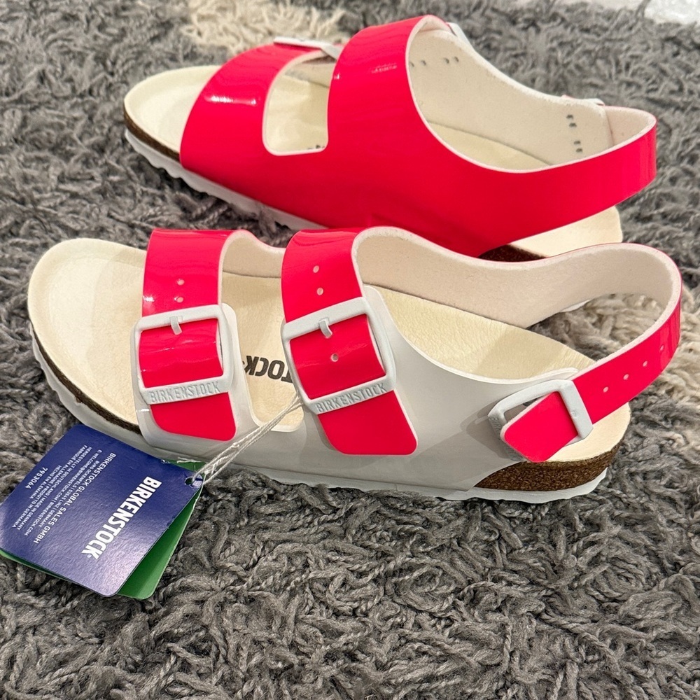 Birkenstock Milano Neon Pink Sandals Shoes Vegan Patent - Picture 14 of 16